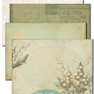 May include: A digital collage sheet featuring four vintage-style papers with a floral design. The papers are in shades of green, white, and brown. The top paper is a white lace pattern. The second paper is a green and white polka dot pattern. The third paper is a green and white striped pattern. The bottom paper features a bouquet of lily of the valley flowers with a white lace border. The text "emma parrish" and "lily of the valley fairy" is printed on the bottom paper.