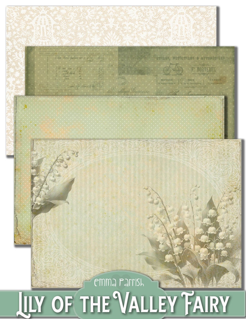 May include: A digital collage sheet featuring four vintage-style papers with a floral design. The papers are in shades of green, white, and brown. The top paper is a white lace pattern. The second paper is a green and white polka dot pattern. The third paper is a green and white striped pattern. The bottom paper features a bouquet of lily of the valley flowers with a white lace border. The text "emma parrish" and "lily of the valley fairy" is printed on the bottom paper.