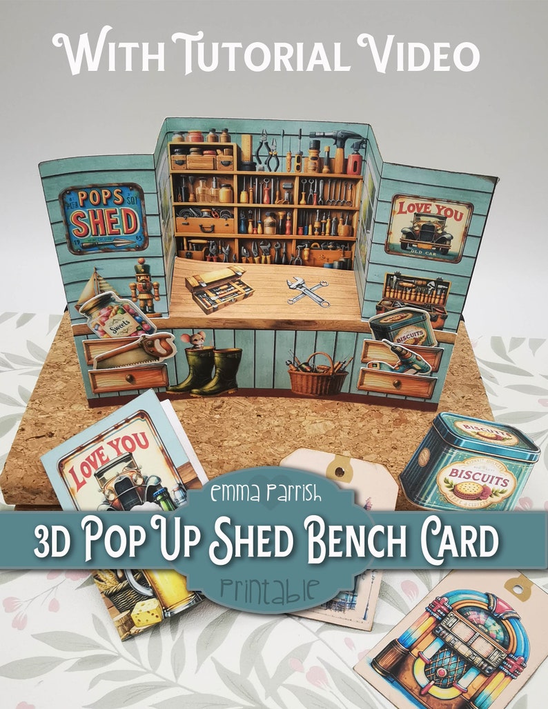 K&ouml;nnte beinhalten: Eine 3D-Pop-up-Werkbankkarte mit einer Werkstattszene, Regalen voller Werkzeuge, einer Werkbank und Schildern mit der Aufschrift POPS SHED und LOVE YOU. Das Bastelset enth&auml;lt eine Keksdose, eine Jukebox und diverse Vintage-Illustrationen.