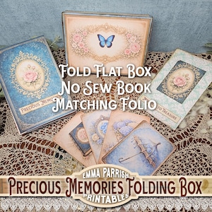 Puede incluir: Una colección de manualidades en papel de estilo vintage, que incluye una caja plegable, un libro sin costuras y folios a juego. La caja presenta un diseño de mariposa y flores. El texto dice "Precious Memories" y "To Treasure".