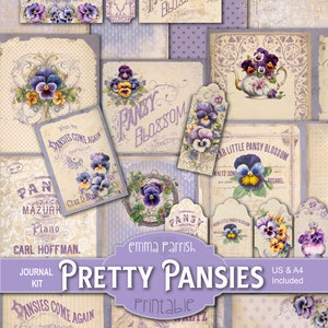 Pretty Pansies Printable Junk Journal Kit, Vintage Pansy Illustrations, Antique Papers, Spring Flowers, Scrapbooking, Card Making & Collage