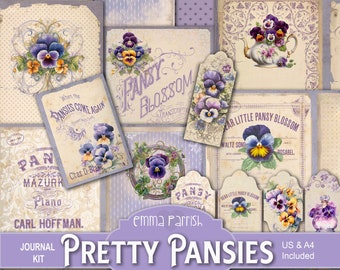 Pretty Pansies Printable Junk Journal Kit, Vintage Pansy Illustrations, Antique Papers, Spring Flowers, Scrapbooking, Card Making & Collage