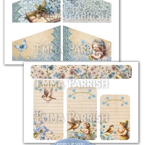 May include: A digital printable sheet with forget-me-not flowers, birds, and fairies. The sheet includes a banner with the text "Emma Parrish" and three printable tags with the text "Emma Parrish".