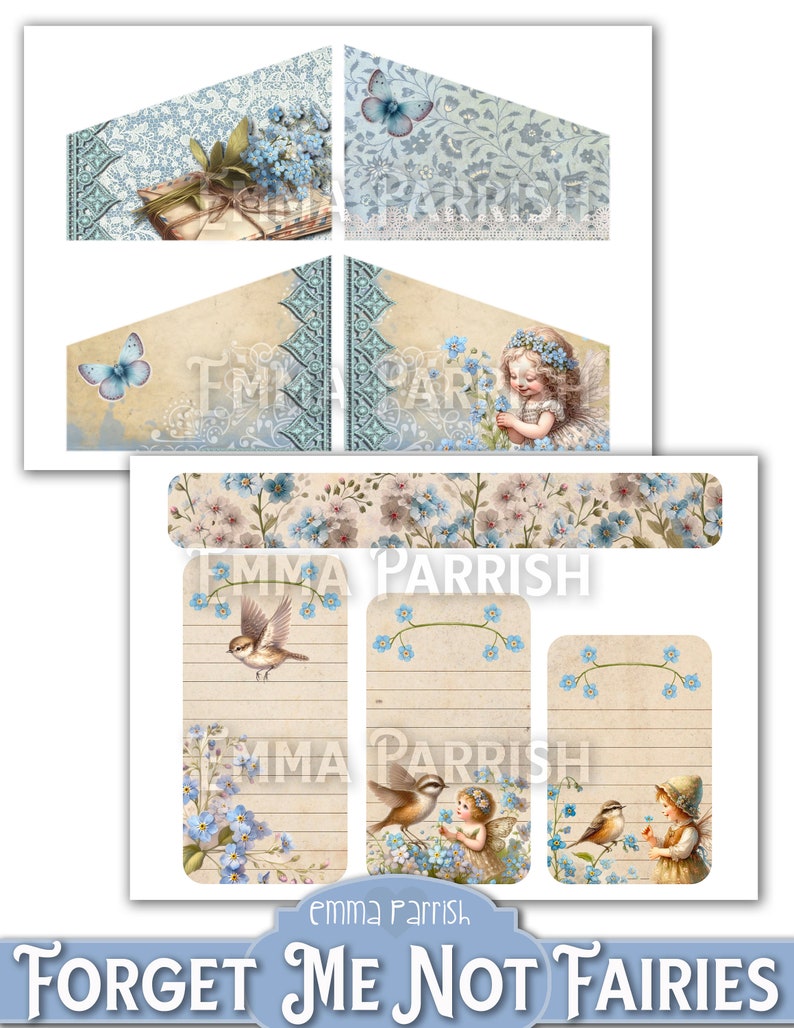 May include: A digital printable sheet with forget-me-not flowers, birds, and fairies. The sheet includes a banner with the text "Emma Parrish" and three printable tags with the text "Emma Parrish".