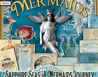 May include: A digital collage of images featuring mermaids, seahorses, and other ocean-themed elements. The collage is titled "Sapphire Seas: A Mermaids Journey" and includes the text "Enchanting Atlantis" and "Down by the Mermaids Cave".