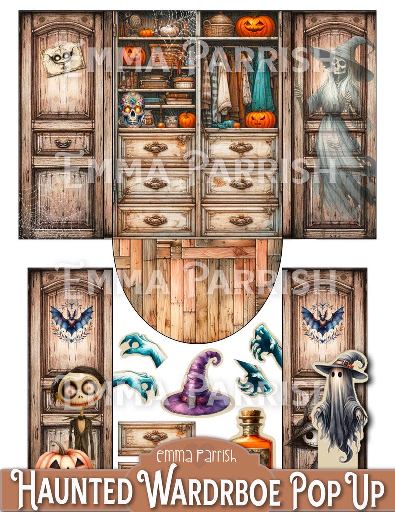 May include: A pop-up haunted wardrobe featuring a spooky ghost, a witch's hat, and a skeleton. The wardrobe is crafted from wood and has a distressed finish. The doors are open, revealing a selection of spooky items, including a skull, a cauldron, and a spider web. The text "Haunted Wardrobe Pop Up" is printed at the bottom of the image.