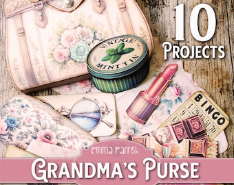 Grandma's Purse Printable Junk Journal Folio, 10 Interactive Papercraft Projects, Shabby Vintage Handbag, Wallet, Grandmother, Cardmaking