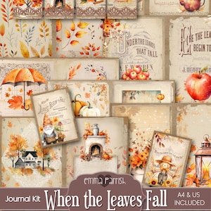Fall Junk Journal Kit Printable, Autumn, Leaves, Pumpkins, Scarecrow, Porch, Cozy Fireplace, Vintage Ephemera, Aged Paper, Scrapbook Collage