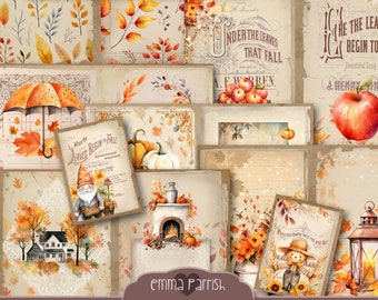 Fall Junk Journal Kit Printable, Autumn, Leaves, Pumpkins, Scarecrow, Porch, Cozy Fireplace, Vintage Ephemera, Aged Paper, Scrapbook Collage