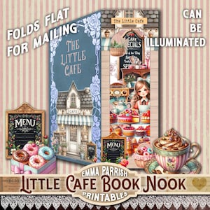 Könnte beinhalten: Eine detaillierte Illustration eines Café-Buchwinkels. Das Design zeigt eine Café-Fassade, Menütafeln und eine Auswahl an Gebäck und Getränken. Text enthält "The Little Cafe", "Folds Flat for Mailing" und "Can Be Illuminated."