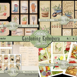 Pacote de itens de jardim imprimíveis, itens digitais de jardim, diário de jardim vintage imprimível, colagem de scrapbook de jardineiro, adesivos de jardinagem