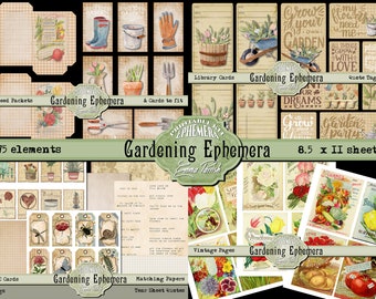 Paquete imprimible de imágenes efímeras de jardín, imágenes efímeras digitales de jardín, diario de jardín imprimible vintage, collage para álbumes de recortes de jardinería, pegatinas de jardinería