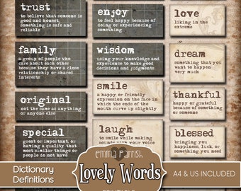 Journal Word Dictionary Definitions, Lovely Printable Junk Journal Ephemera, Grunge, Craft Kit Scraps, Vintage, Fussy Cut, Instant Download
