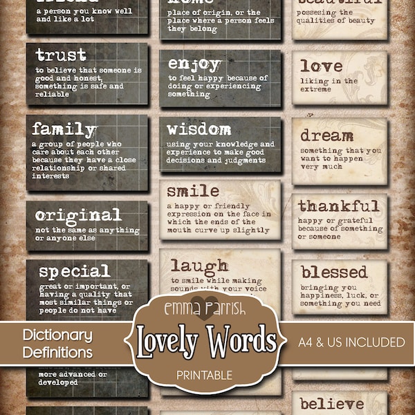 Journal Word Dictionary Definitions, Lovely Printable Junk Journal Ephemera, Grunge, Craft Kit Scraps, Vintage, Fussy Cut, Instant Download