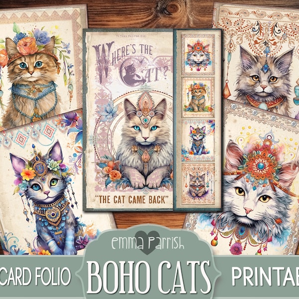 Boho Cats Postcard Folio, Printable Junk Journal insert, add on kit, Bohemian, Vintage, Hippie, Gypsy, Ephemera, Scrapbook, Cat Lover Gift