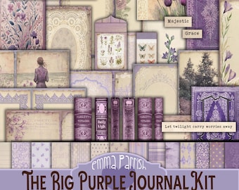 Big Purple Junk Journal kit, Printable, Vintage Ephemera, Tags, Labels, Pockets, Decorative Papers, Scrapbook, Collage, Digital Download