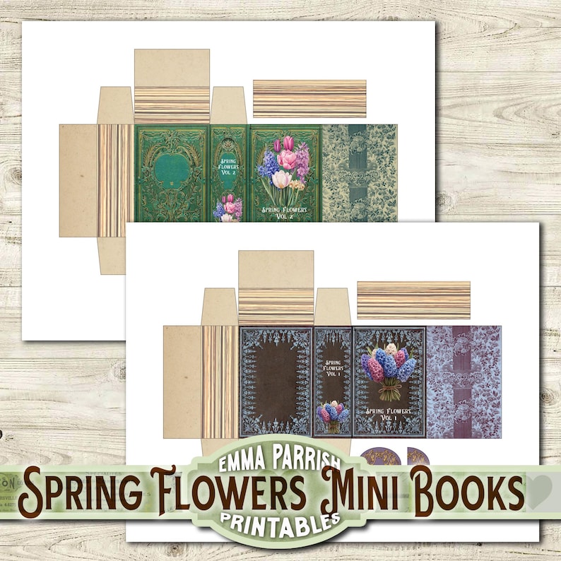 May include: Printable miniature book covers featuring spring flowers. The covers are green, brown, and blue with floral illustrations and the text "Spring Flowers Vol. 1" and "Spring Flowers Vol. 2".