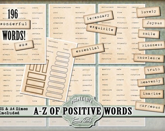 May include: A printable chart featuring 196 positive words in a vintage style. The words are arranged alphabetically and printed on beige paper with a brown border. The chart is titled "A-Z of Positive Words".