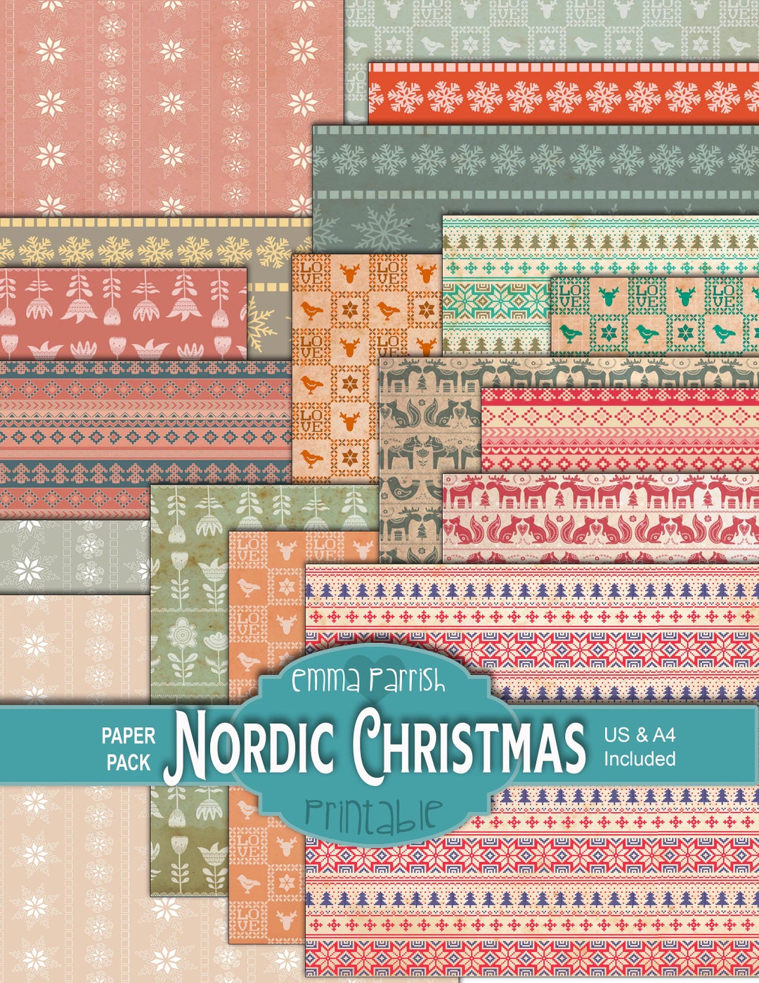 Nordic Christmas Printable Paper, Scandinavian Pattern, Christmas Junk ...