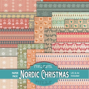 Nordic Christmas Printable Paper, Scandinavian Pattern, Christmas Junk Journal Pages, Festive Scrapbook Collage, Card Making, Papercrafts