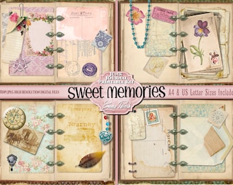 May include: A printable journal kit with a vintage aesthetic. The cover features a pink and brown journal with a floral design and the text "sweet memories". The kit includes various elements such as postcards, stamps, and decorative paper.