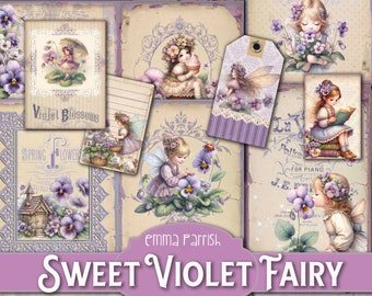 Sweet Violet Fairies Printable Journal Kit, Spring Flower Fairy Junk Journal Download, Floral Scrapbook, Collage, Crafting, Fairy Clipart