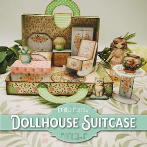 May include: A printable dollhouse suitcase with a green and white floral pattern. The suitcase is open and reveals a miniature bedroom with a bed, rocking chair, and a lamp. There is a small cat sitting on a pillow in the suitcase. The text "Emma Parrish Dollhouse Suitcase Printable" is on the front of the suitcase.