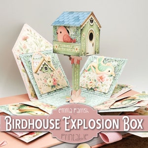 Biglietto con scatola esplosiva stampabile per casetta per uccellini, Junk Journaling, Cricut Testato, Creazione di biglietti di compleanno per uccelli carini, Papercraft, Regalo