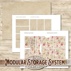 May include: Printable templates for a modular storage system. The image shows a set of drawer fronts with different patterns and sizes. The patterns include a floral design and a distressed paper texture. The text "EMMA PARRISH MODULAR STORAGE SYSTEM PRINTABLES" is at the bottom of the image.