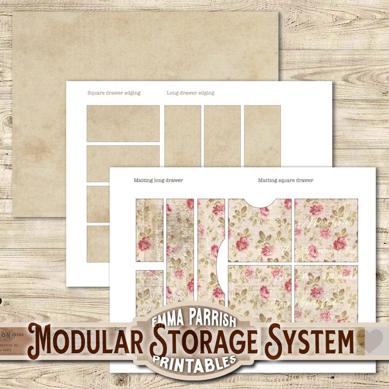 May include: Printable templates for a modular storage system. The image shows a set of drawer fronts with different patterns and sizes. The patterns include a floral design and a distressed paper texture. The text "EMMA PARRISH MODULAR STORAGE SYSTEM PRINTABLES" is at the bottom of the image.