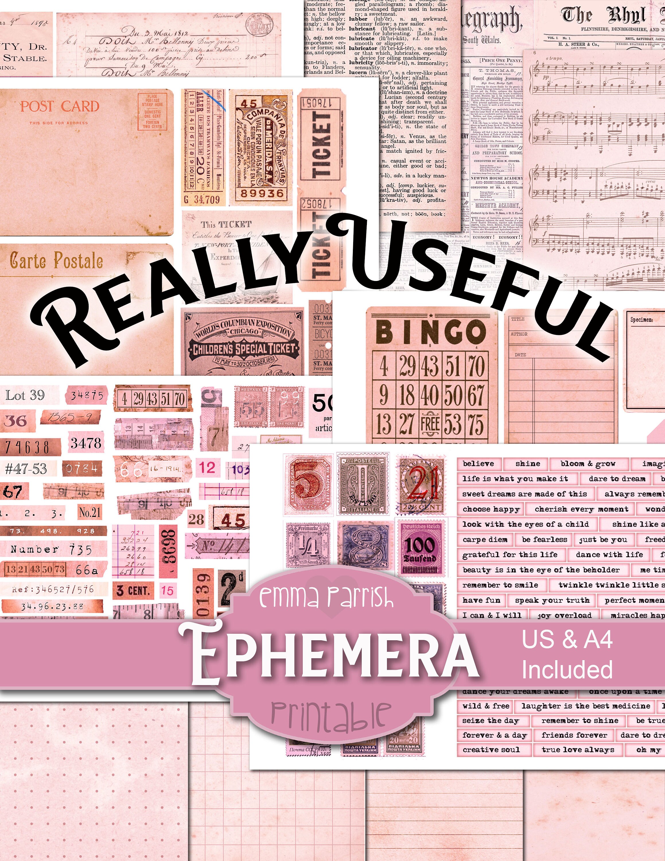 Pink Vintage Printable Ephemera Pack, Scraps, Junk Journal Kit Add On ...