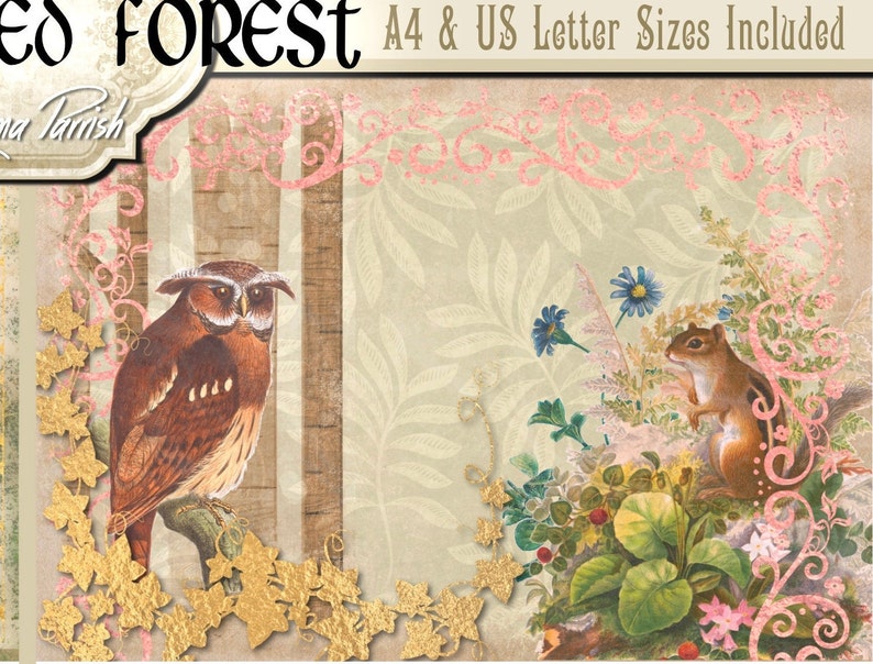 May include: A digital paper pack featuring a brown owl perched on a branch with gold ivy, a brown squirrel sitting on a rock with pink flowers, and a green leafy background with pink swirls. The text "Enchanted Forest" is at the top of the image.