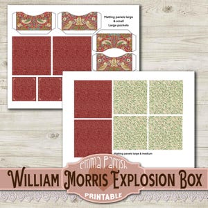 May include: Printable William Morris Explosion Box craft template featuring a red and green floral pattern. The template includes instructions for creating a box with large and small pockets.