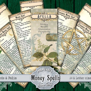 May include: Printable money spell cards and folio featuring a green background with a vintage aesthetic. The cards include spells for money bowl, new moon money, leaf money, and cinnamon money. The text on the cards reads "Money Spells, Money Wealth Abundance Prosperity".