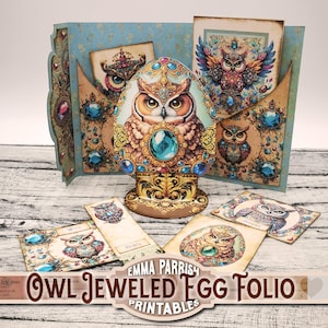 Jeweled Owl Printable Folio Kit, Mini Egg Folio, Tags & Pockets, Junk Journal, Papercraft, Card Making, Vintage Ephemera, Cricut
