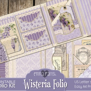 Junk Journal Printable, Folding Folio, Wisteria, Purple, Vintage Ephemera, Loaded Folder, Trifold, Craft Kit, Printable Gift, Download