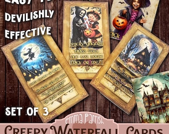 May include: Set of three printable Halloween themed waterfall cards. The cards feature spooky illustrations and text such as "Sticky Fingers, Tired Feet, One Last House, Trick or Treat" and "When Witches Go Raging".