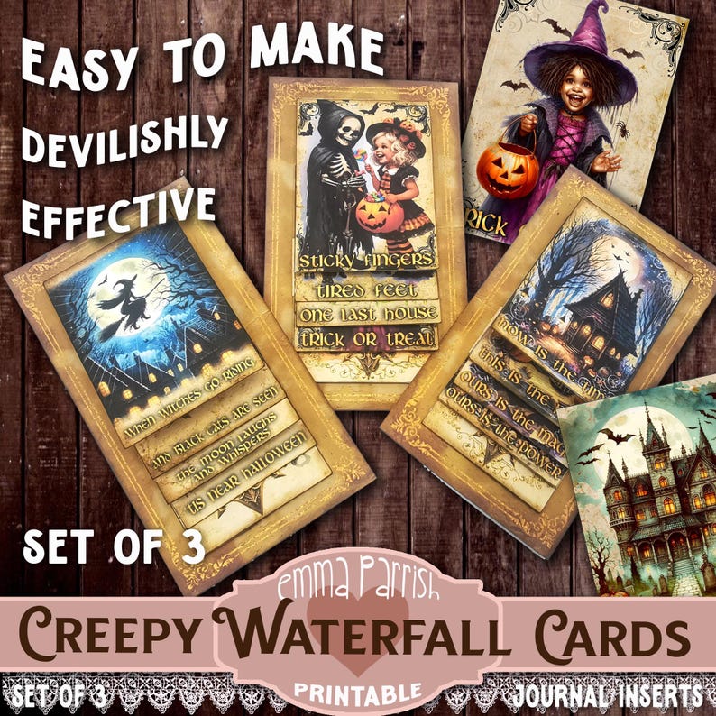 May include: Set of three printable Halloween themed waterfall cards. The cards feature spooky illustrations and text such as "Sticky Fingers, Tired Feet, One Last House, Trick or Treat" and "When Witches Go Raging".