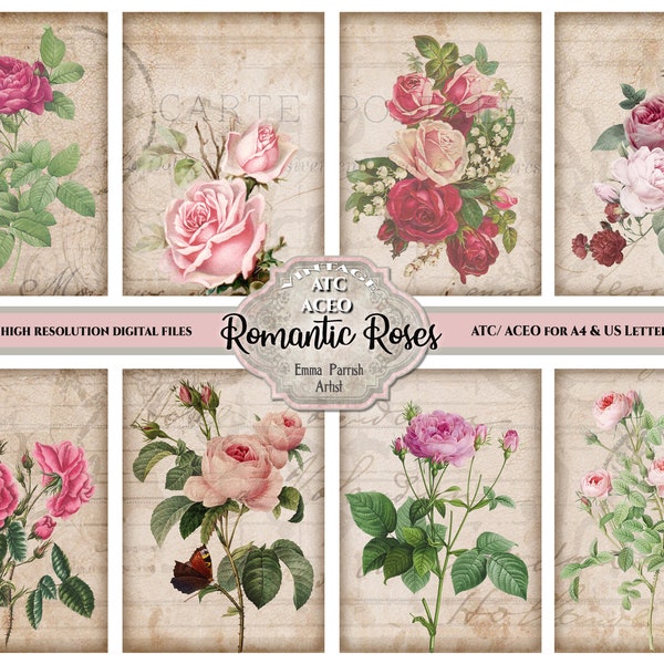 ACEO ATC Vintage Rose Flowers Card Making Tags Embellishments, Junk Journal Art Trading Cards Digital Ephemera, Printable Instant Download