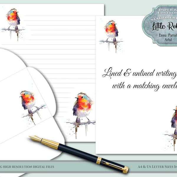 Robin Writing Paper Stationery Set, Matching Envelope, Bird A4 & US Letter Lined and Unlined Plain Notepaper, Printable Instant Download