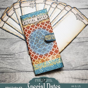 May include: A printable mini folio kit for keeping track of special dates. The kit features a blue and gold patterned cover with the words "Special Dates" in a decorative font. The kit includes 12 printable calendar pages, one for each month of the year.