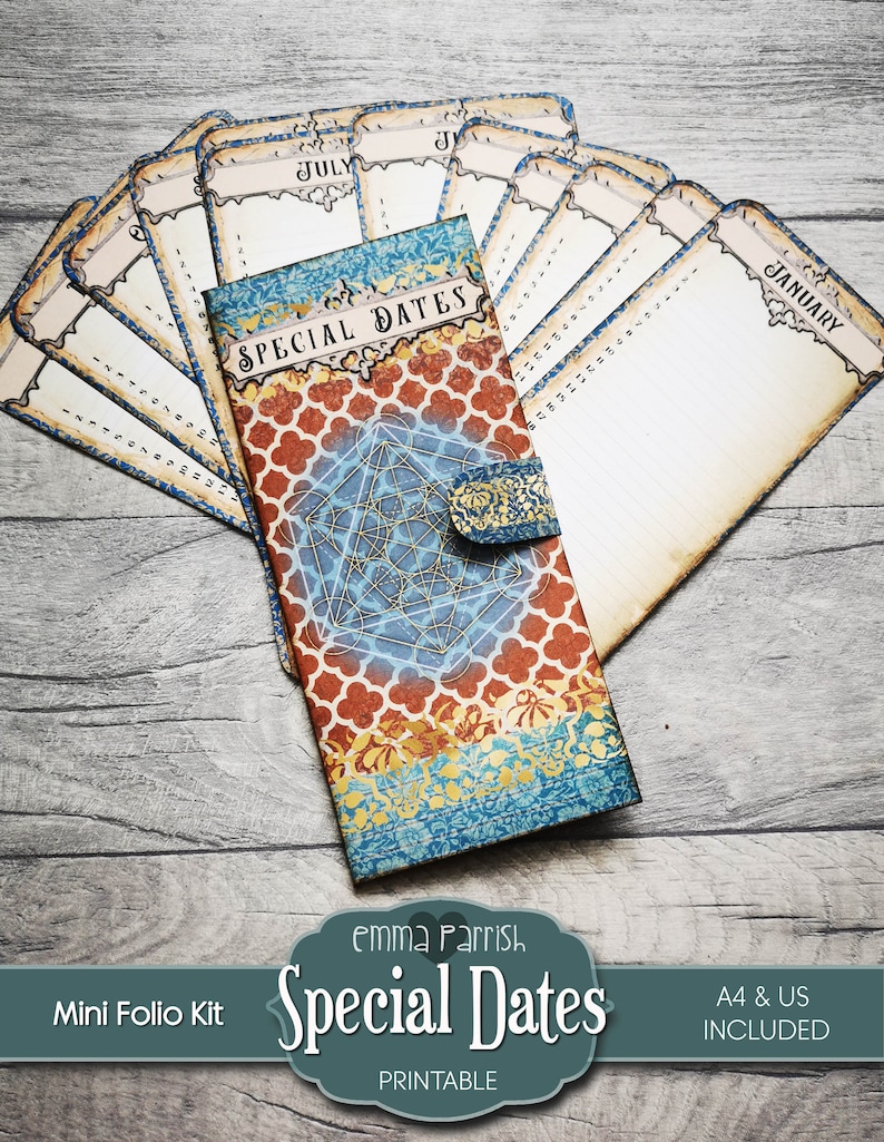 May include: A printable mini folio kit for keeping track of special dates. The kit features a blue and gold patterned cover with the words "Special Dates" in a decorative font. The kit includes 12 printable calendar pages, one for each month of the year.