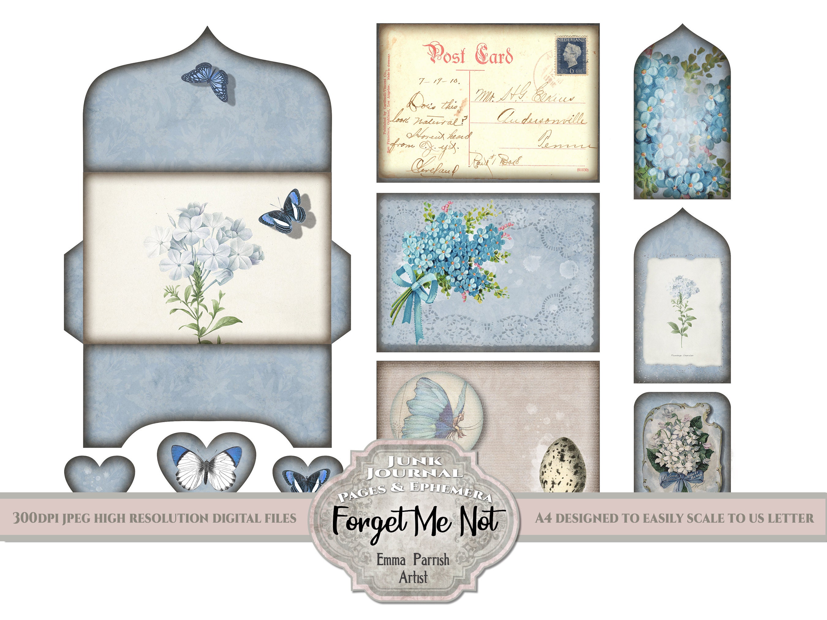 Junk Journal Digital Printable Paper Kit Forget Me Not Blue | Etsy UK