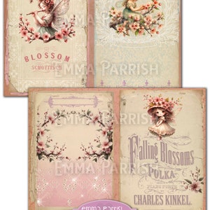 May include: A digital collage sheet featuring four images of fairies with cherry blossoms. The images are in a vintage style with a pink and white color scheme. The text "The Blossom Schottisch" and "Falling Blossoms Polka Piano Forte by Charles Kinkel" are included in the images.