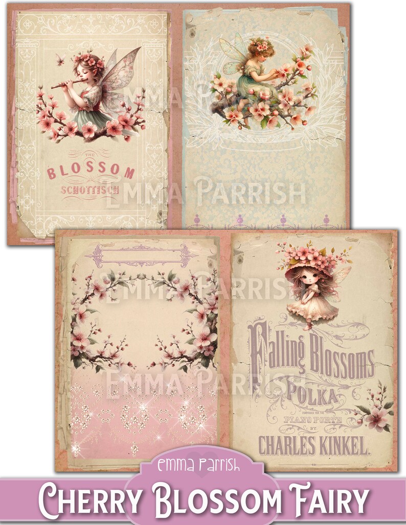 May include: A digital collage sheet featuring four images of fairies with cherry blossoms. The images are in a vintage style with a pink and white color scheme. The text "The Blossom Schottisch" and "Falling Blossoms Polka Piano Forte by Charles Kinkel" are included in the images.