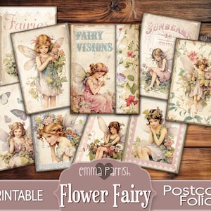 Flower Fairy Printable Postcards Folio, Fairies Junk Journaling Cards, Envelope, Tags, Vintage, Shabby, Fantasy, Download, Scrapbook Collage