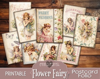 May include: Printable postcard folio featuring vintage illustrations of fairies with flowers and butterflies. The title of the folio is "Flower Fairy Postcard Folio".