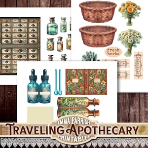 May include: A collage of apothecary-themed digital prints. Includes vintage drawers, glass bottles, baskets, and bouquets of flowers. The text "Traveling Apothecary Printables" is displayed at the bottom.