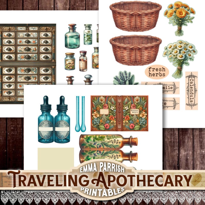 May include: A collage of apothecary-themed digital prints. Includes vintage drawers, glass bottles, baskets, and bouquets of flowers. The text "Traveling Apothecary Printables" is displayed at the bottom.