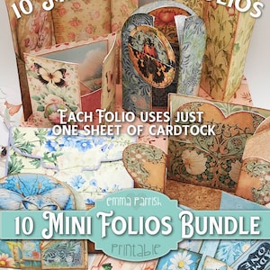 May include: A bundle of 10 printable mini floral folios. Each folio is made with one sheet of cardstock and features a variety of floral designs, butterflies, and other decorative elements. The text "10 Mini Folios Bundle" and "Printable" is displayed on a teal background.